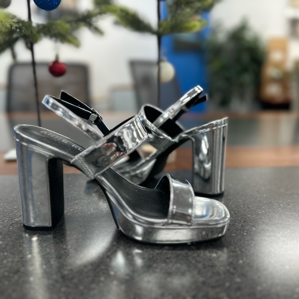 Anne Klein Shiny Silver Metallic Block Heels